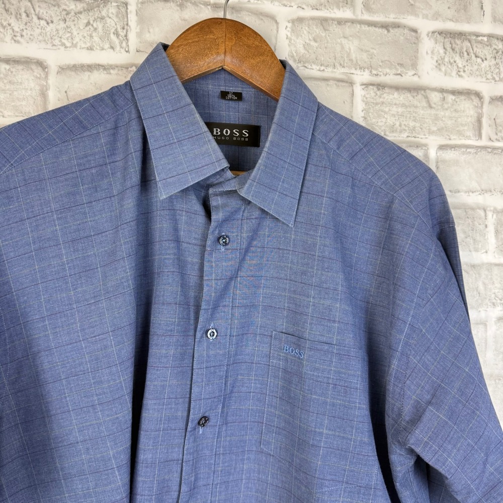 Hugo Boss Mens Dull Blue Grid Cotton Button Down Shirt Long Sleeve Size 17